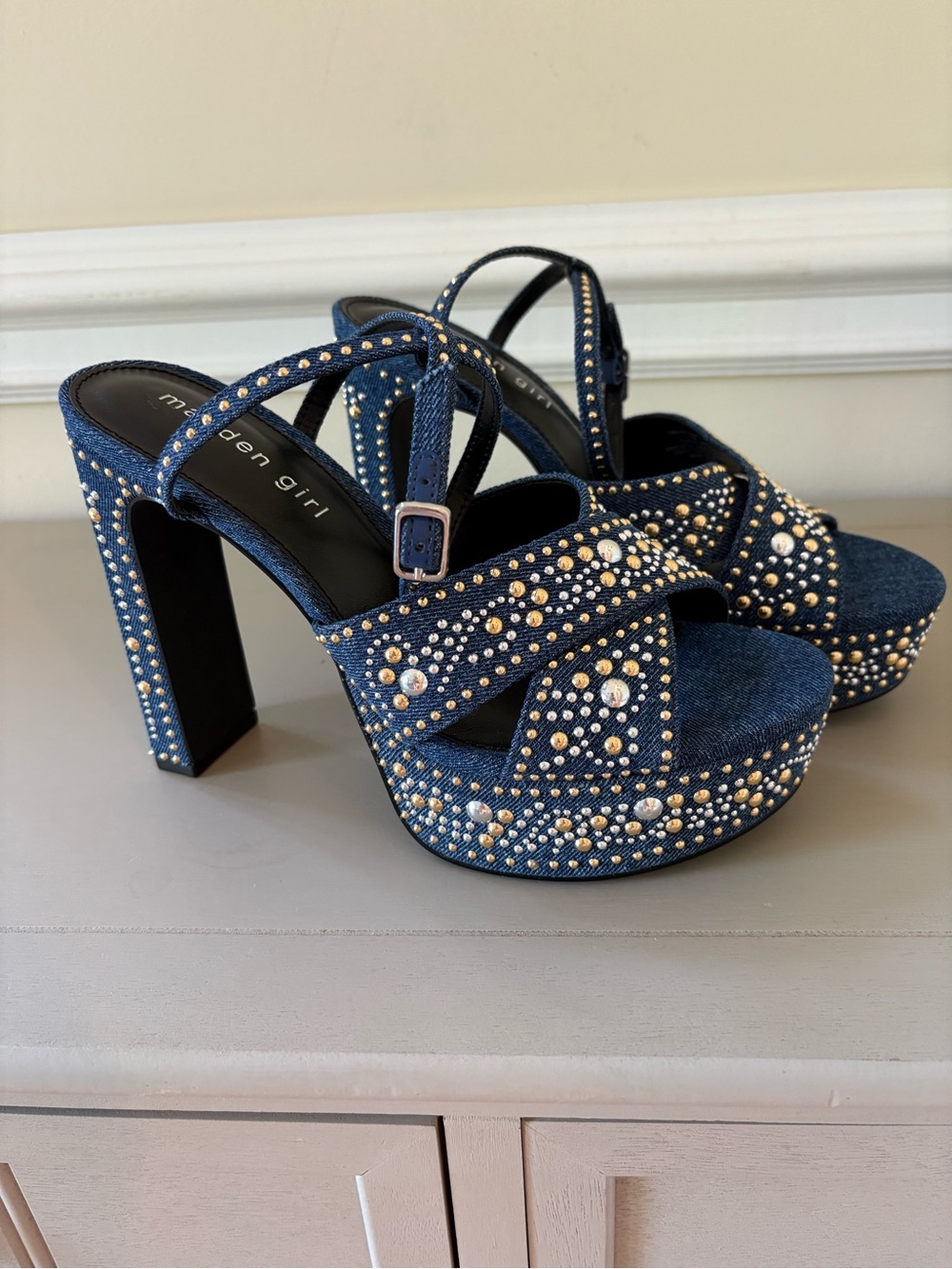 Madden Girl Dark Blue Denim Platform Sandals with Gold & Silver Stud Accents